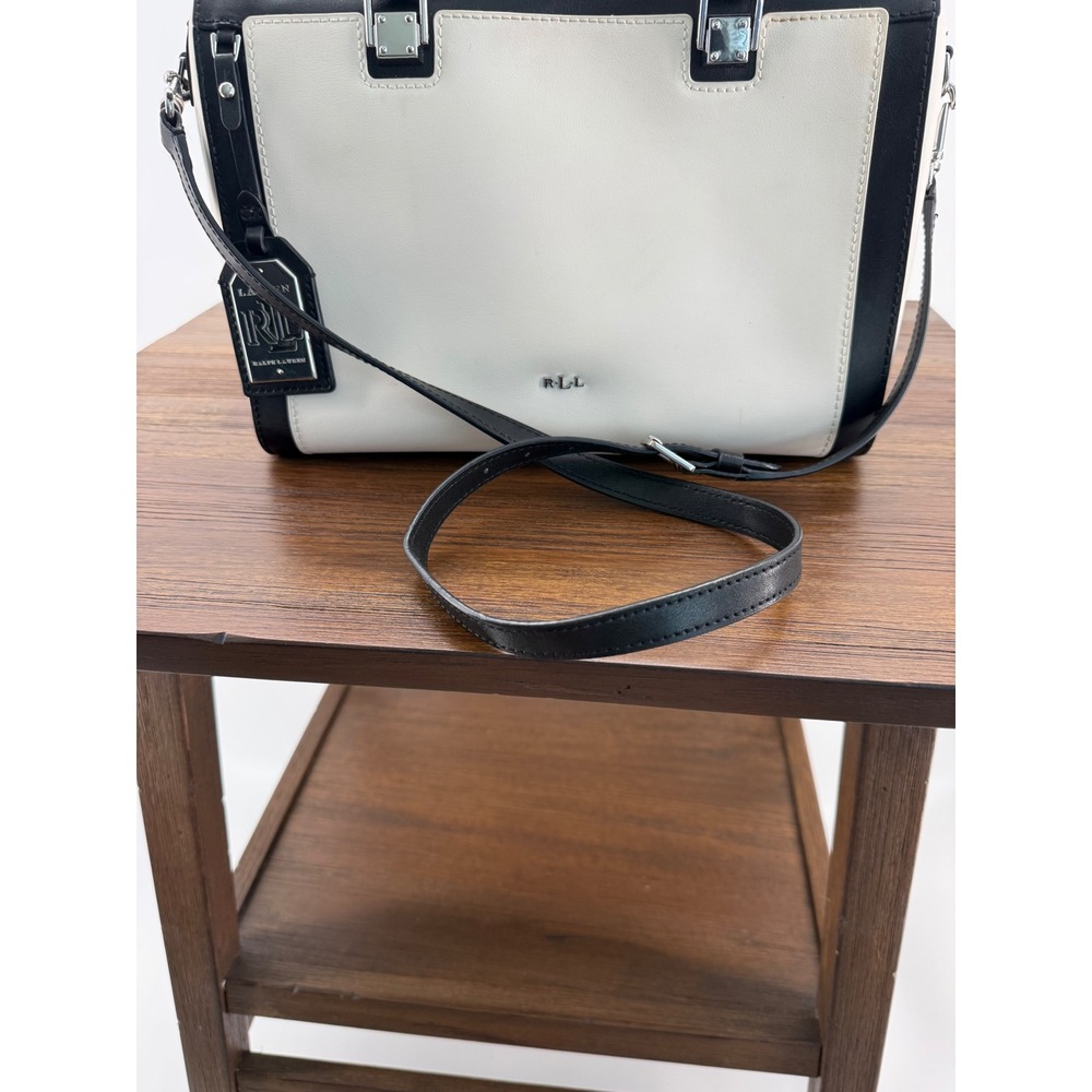 Lauren Ralph Lauren Black White Leather Colorblock Satchel Crossbody Bag